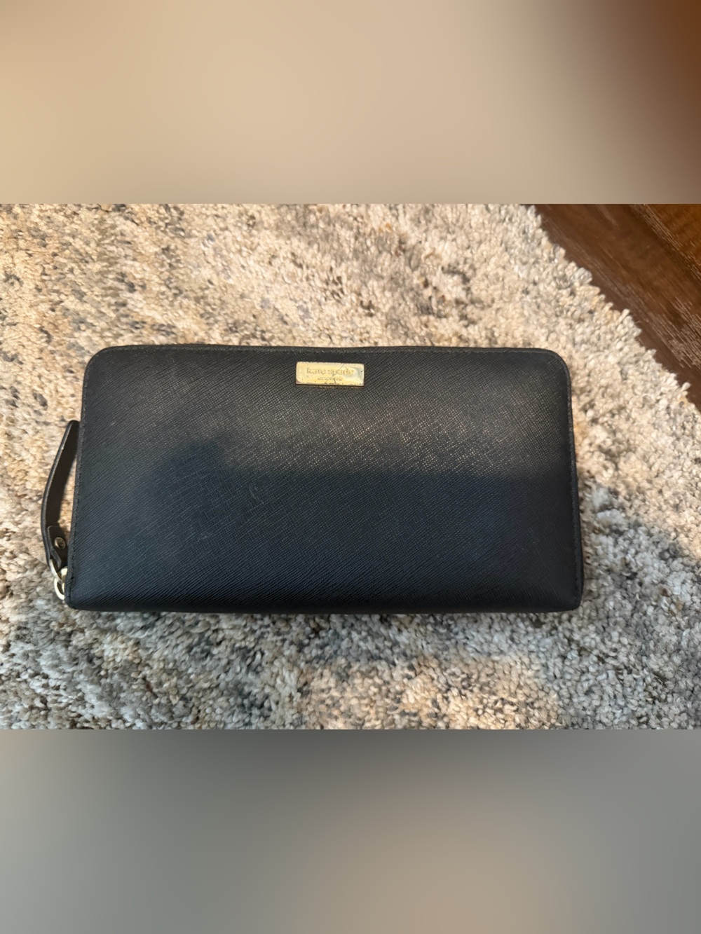 kate spade Black Saffiano Zip-Around Wallet with Gold Plaque